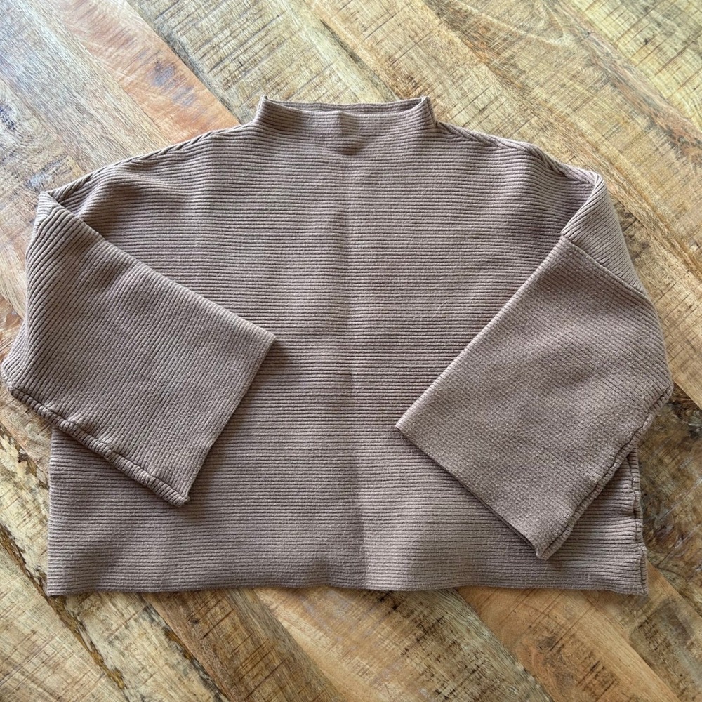 Ellison Ribbed Mock Neck Sweater Tan Brown Wide Bell Sleeve JT5002-6 Womens M